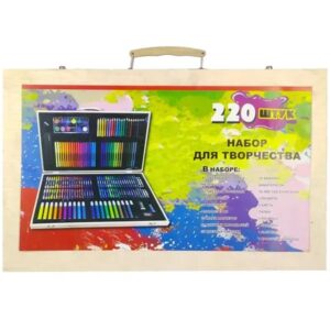 Kids Wooden Art Box & Drawing Kit with Crayons Oil Pastels Colored Pencils Watercolor Cakes 220 PCS (0467) - Image 2