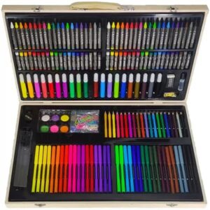 Kids Wooden Art Box & Drawing Kit with Crayons Oil Pastels Colored Pencils Watercolor Cakes 220 PCS (0467) - Image 3