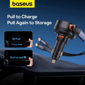 Baseus Enjoyment Pro 60W USB Port Car Charger + Retractable C and Lightning Cable - Image 6