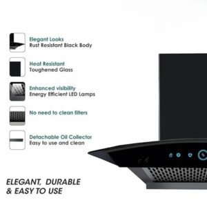 Premium Curved Glass 60cm Cooker Hood with touch and motion Sensor (Black) - Image 3