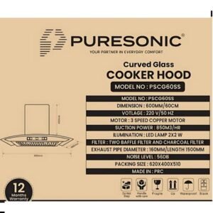 Premium Curved Glass 60cm Cooker Hood with touch and motion Sensor (Black) - Image 6