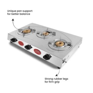 Premium Stainless Steel 3 Burner LPG Indian Gas Cooker with SS Pan Support - Image 2
