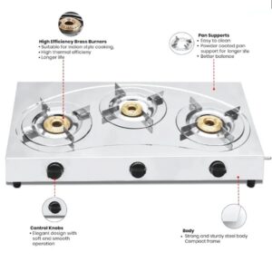 Premium Stainless Steel 3 Burner LPG Indian Gas Cooker with SS Pan Support - Image 3