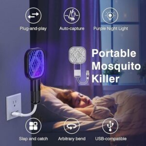 2 in 1 Electric USB Rechargeable Mosquito Swatter Racket with UV Light - Image 2