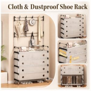 5 Layer Dustproof Shoe Rack With Coat Hanger - Image 2
