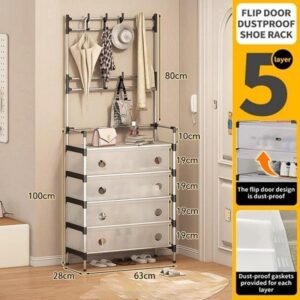 5 Layer Dustproof Shoe Rack With Coat Hanger - Image 9