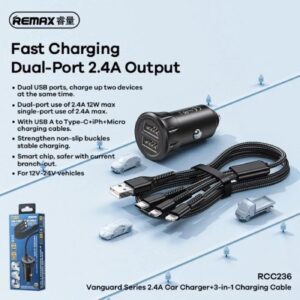 Remax RCC236 Vanguard Series Car Charger 2 Usb With 3-in-1 Cable 2.4A - Image 4