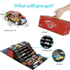 48 Pcs Pull Back Mini Car Toy Set with Container Storage & Foldable Road Map - Image 2