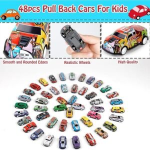 48 Pcs Pull Back Mini Car Toy Set with Container Storage & Foldable Road Map - Image 3