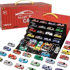 48 Pcs Pull Back Mini Car Toy Set with Container Storage & Foldable Road Map - Image 6